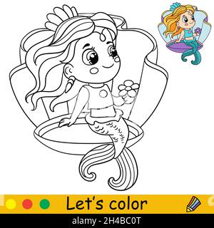 Mignon dessin animé princesse sirène assis dans le bord de mer.Page de coloriage et modèle coloré pour l'éducation des enfants d'âge préscolaire et scolaire.Illustrateur de vecteur Illustration de Vecteur