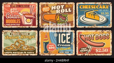 Fast food plaques métalliques rouillées, sandwichs, hot-dogs et collations menu Vector affiches rétro.Fastfood bistro et restaurant de nouilles asiatiques, oignons et Illustration de Vecteur