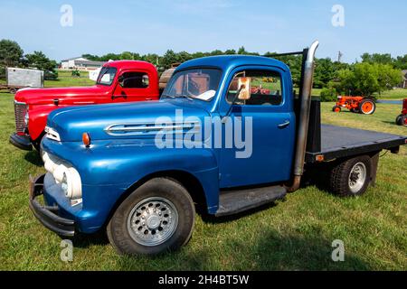 Un ancien camion à plateau bleu Ford 1951 exposé lors d'un spectacle à Warren, Indiana, États-Unis. Banque D'Images