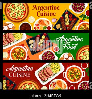 Banderoles de cuisine Argentine.Viande et saucisses barbecue Asado, dinde Milanesa et steak lama, ragoût de haricots Locro, pizza à l'oignon Fugazza et Dulce de Leche, cuisine Illustration de Vecteur