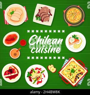 Couverture du menu de la cuisine chilienne, plats et repas du restaurant chilien, affiche vectorielle.Cuisine d'Amérique latine et repas chiliens pour le déjeuner ou le dîner repas de po Illustration de Vecteur