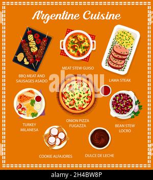 Menu de cuisine Argentine.Ragoût de haricots Locro, biscuit Alfajores bbq et milanesa de dinde, pizza à l'oignon Fugazza, steak lama et ragoût de viande Guiso, Dulce de Leche Illustration de Vecteur