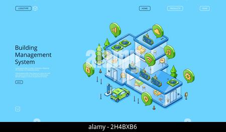 Page d'accueil isométrique du système de gestion des affaires, contrôle informatique installé dans les bâtiments qui gèrent et l'équipement mécanique et électrique, domotique, bannière web d'art vectoriel 3d Illustration de Vecteur