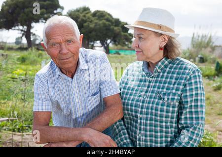 Homme et femme jardiniers avec pelle et seau tout en jardinage Banque D'Images