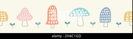Motif de bordure d'arrière-plan champignon.Jolie forme naturelle sans couture bannière de champignons et de feuilles dessinés à la main, illustration vectorielle. Illustration de Vecteur
