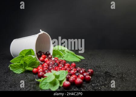 Canneberges avec des fours à la menthe dans le seau blanc.Arrière-plan sombre.La photo est recouverte d'une légère brume de micro-gouttelettes d'eau Banque D'Images