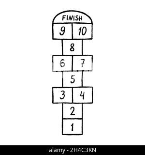 Jeu d'activité de hopscotch enfant.Hopscotch avec chiffres noirs.Jeux d'été en plein air.Illustration vectorielle dessinée à la main isolée sur fond blanc Illustration de Vecteur