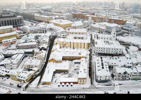 Centre-ville de Minsk enneigé d'une hauteur.La ville haute.Bélarus. Banque D'Images