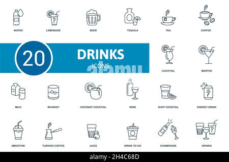 Icône boissons définie.Collecte d'éléments simples tels que l'eau, la limonade, la bière, le martini, le lait,cocktail de coconat, tequila. Illustration de Vecteur