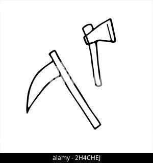 Ensemble de Noël et de scythe Doodle Halloween.Délimiter les instruments nets isolés sur fond blanc.Bras en acier dessinés à la main, symbole de Halloween, sorcière, pureté, Illustration de Vecteur
