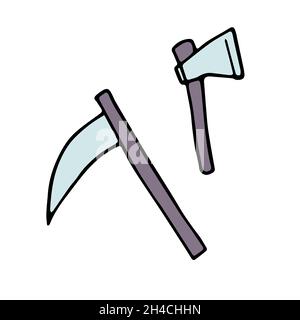 Ensemble de Noël et de scythe Doodle Halloween.Instruments de couleur vive isolés sur fond blanc.Bras en acier dessinés à la main, symbole de Halloween, sorcière, pureté, sc Illustration de Vecteur