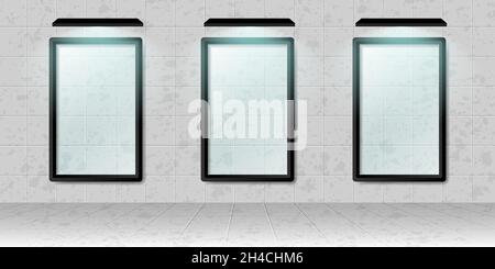 Trois maquettes d'affiche blanches réalistes sur le mur.Modèle d'affiche vectorielle blanc vide avec effet d'ombre.Illustration 3D. Illustration de Vecteur