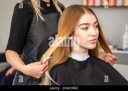 Mains de styliste de cheveux faisant la coiffure professionnelle des cheveux longs de femme dans un salon de beauté Banque D'Images