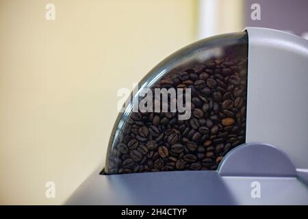 Café dans la machine.Grains de café dans la machine à café de bureau.Arabica dans un réservoir en plastique pour moudre les grains. Banque D'Images