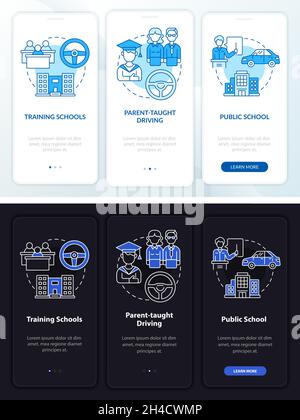 Écran de la page d'application mobile d'intégration sombre et clair pour l'éducation des conducteurs de l'adolescent Illustration de Vecteur