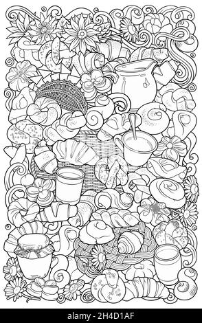 Illustration de la nourriture et des boissons à motif de gribouillages vectoriels dessinés à la main. Illustration de Vecteur