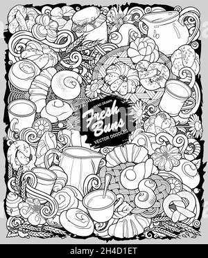 Illustration de la nourriture et des boissons à motif de gribouillages vectoriels dessinés à la main. Illustration de Vecteur