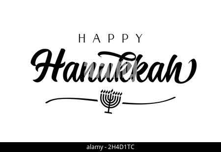 Hanukka heureux calligraphie élégante et menorah.Vectror hanukka couleur noire icône candélabrum avec huit branches et ligne isolée sur fond blanc Illustration de Vecteur