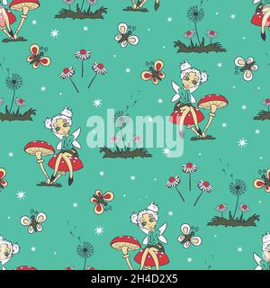 Motif vectoriel sans couture avec fées sur fond bleu turquoise.Papier peint de forêt fantaisie pour les enfants.Textile de mode rêveur. Illustration de Vecteur