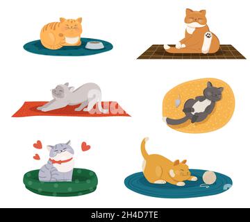 Chats amusants de dessin animé dans différentes couleurs et pose sur les tapis.Illustration vectorielle plate Illustration de Vecteur