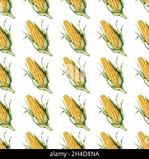 Motif de maïs et de feuilles sans coutures aquarelle.Nourriture peinte à la main isolée sur fond blanc.Fête de la récolte d'automne.Illustration botanique pour de Banque D'Images