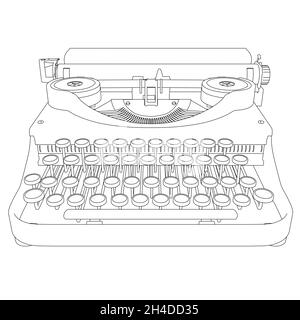 Contour d'une machine à écrire vintage à partir de lignes noires isolées sur fond blanc.Vue avant.Illustration vectorielle Illustration de Vecteur