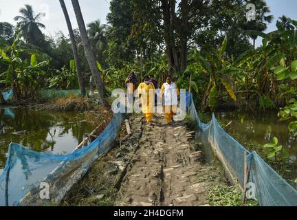 Kolkata, Inde.02 novembre 2021.(11/2/2021) les travailleurs de la santé transportent le vaccin COVISHIELD Covid-19 le long de la zone rurale au cours d'une campagne de vaccination porte-à-porte pour les personnes âgées et paralysées dans une zone de périphérie.(Photo de Sudipta Das/Pacific Press/Sipa USA) crédit: SIPA USA/Alay Live News Banque D'Images