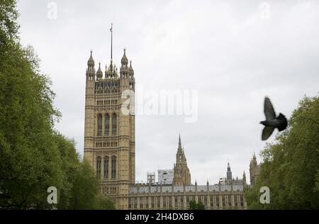 Vue sur la tour Victoria, la plus haute tour du palais de Westminster, depuis les jardins de la tour Victoria, dans le centre de Londres.Photo datée du vendredi 28 avril 2017.Crédit photo devrait se lire: Isabel Infantes / EMPICS Entertainment. Banque D'Images