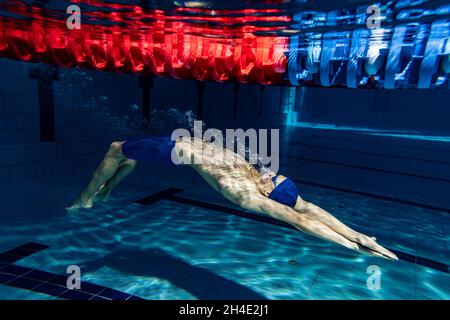 Prise de vue sous l'eau.Un entraînement masculin de nageur à la piscine, à l'intérieur.Vue sous-marine des détails des mouvements de natation. Banque D'Images