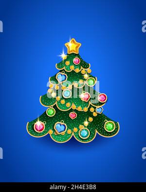 Arbre de Noël en forme de jouet d'arbre de Noël décoré de pierres précieuses, illustration vectorielle Illustration de Vecteur