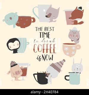 Ensemble d'animaux mignons assis près de tasses de café Illustration de Vecteur