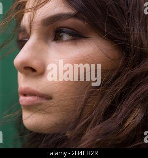 Portrait en gros plan du visage et des cheveux bruns d'une jeune femme Banque D'Images