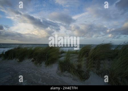 Vue sur les dunes jusqu'à la mer Baltique au coucher du soleil. Atmosphère lumineuse et éclatante aux couleurs puissantes Banque D'Images