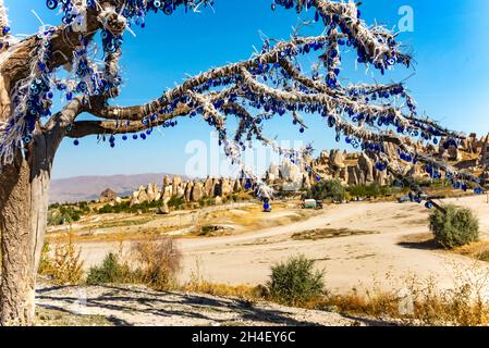 Les branches de l'arbre décorées avec des amulettes maléfiques, Goreme, Cappadoce, Turquie Banque D'Images