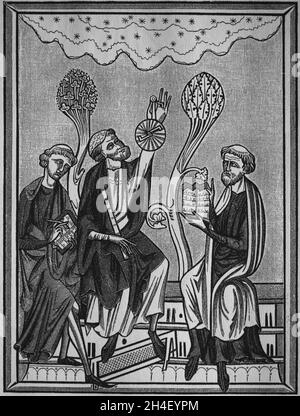 Leçon d'astronomie.La figure au centre utilise un astrolabe.Gravure, 19e siècle, à l'image d'une miniature du Braviary de Saint Luis, 13ème entrée. Banque D'Images