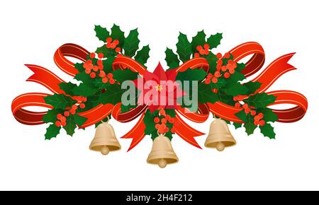 Décoration houx de Noël avec rubans de satin, fleur de poinsettia, baies rouges, cloches d'or isolées sur blanc.Vector noël traditionnel orna Illustration de Vecteur