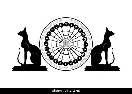Ensemble de vieux Norse runes cercles et de chats noirs sacrés.Alphabet de roue runiques, Futhark.Caractères viking occulte anciens lettres rune police.Spirale sacrée Illustration de Vecteur