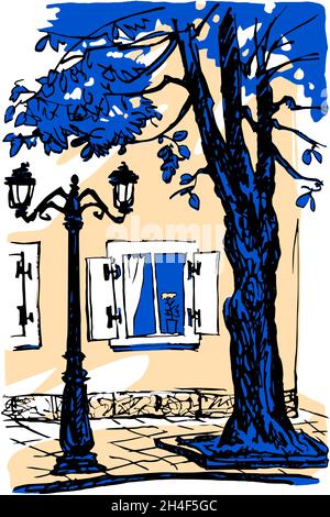 Un morceau de la rue avec un arbre, un lampadaire et une fenêtre le jour de l'été Illustration de Vecteur