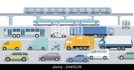 Autoroute avec train express, camion et voiture de tourisme Illustration de Vecteur