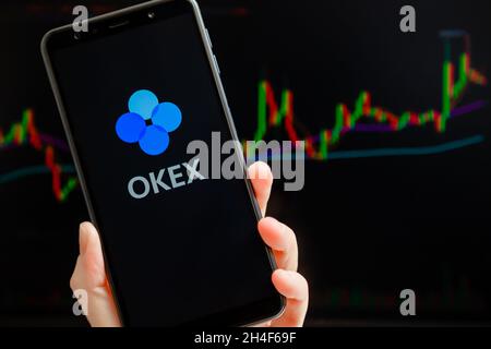 Ukraine, Odessa - octobre, 9 2021: Application mobile OKEx fonctionnant sur l'écran de smartphone avec le graphique de chandelier de négociation en arrière-plan.OKEx est une plate-forme d'échange et de négociation de crypto-monnaies Banque D'Images