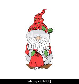 Joli gnome de dessin animé en ligne tenant un sac cadeau. Illustration de Vecteur
