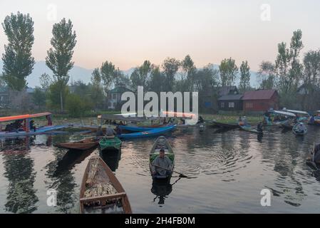 Srinagar, Inde.02 novembre 2021.Les marchands de légumes et les acheteurs ont vu le commerce pendant une matinée froide à un marché de légumes dans les intérieurs de dal Lake.Dal Lake est célèbre pour son marché flottant de légumes, qui fournit des variétés de légumes toute l'année à de nombreuses villes à travers la vallée du Cachemire.Crédit : SOPA Images Limited/Alamy Live News Banque D'Images