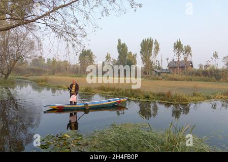 Srinagar, Inde.02 novembre 2021.Un Boatman rows son bateau dans les intérieurs du lac Dal pendant une matinée froide.Dal Lake est célèbre pour son marché de légumes flottant, qui fournit des variétés de légumes toute l'année à de nombreuses villes à travers la vallée du Cachemire.Crédit : SOPA Images Limited/Alamy Live News Banque D'Images