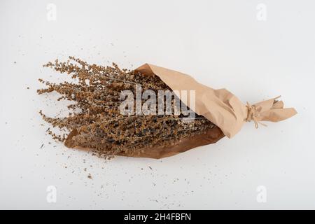 Herbe de bois de millepertuis séchée, Artemisia absinthium, enveloppée de papier brun. Banque D'Images