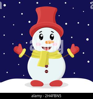 Bonhomme de neige en chapeau et mitaines se réjouit dans la neige Illustration de Vecteur