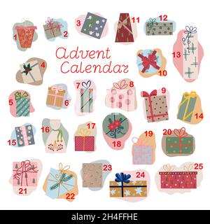 Calendrier de l'Avent de Noël de boîtes cadeau ensemble avec ruban et arcs illustration vectorielle, Noël joyeux et joyeux nouvel an festif traditionnel modèle de vacances d'hiver, ornement pour le compte à rebours de l'Avent Illustration de Vecteur