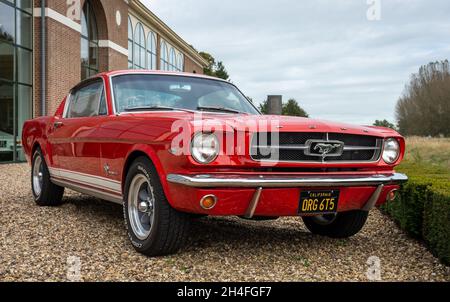 Brummen, province Gelderland, pays-Bas, 23.10.2021 vue de face de la voiture classique Ford Mustang, première génération, en rouge à la Galerie Brumme Banque D'Images