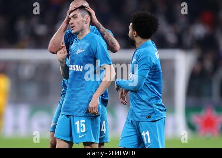Turin, Italie.02 novembre 2021.Les joueurs du FC Zenit célèbrent après le but de Leonardo Bonucci lors du match H de l'UEFA Champions League entre le FC Juventus et le FC Zenit au stade Allianz le 02 novembre 2021 Turin, Italie .Credit: Marco Canoniero / Alamy Live News Banque D'Images