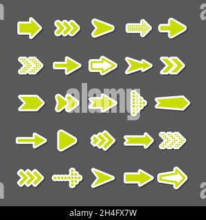Ensemble d'autocollants de flèches colorés. Icônes de curseur vertes, collection de pointeurs. Flèches simples de formes différentes. Ensuite, les affiches Web arrière. Illustration vectorielle. Illustration de Vecteur