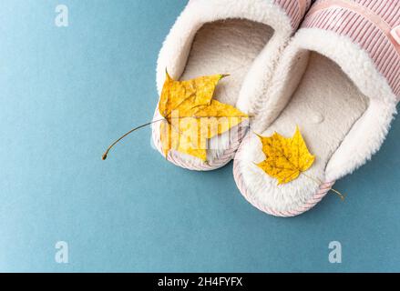 pantoufles chaudes et confortables avec feuilles jaunes sur fond vert. couleur rose. Banque D'Images